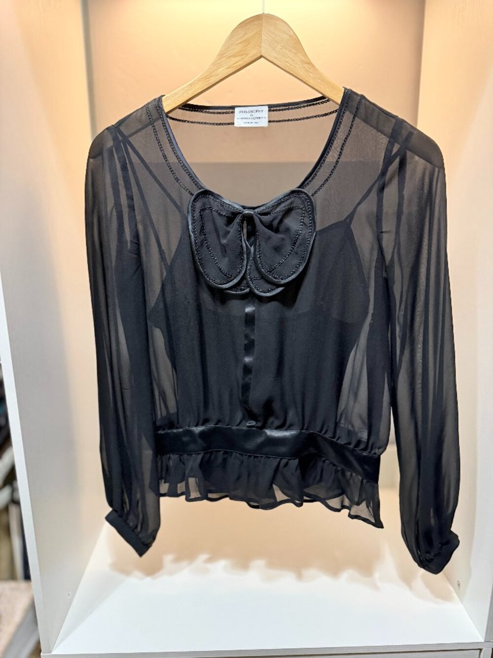 🖤 Philosophy di Alberta Ferretti Black Sheer Chiffon Bow Accent Blouse- 2